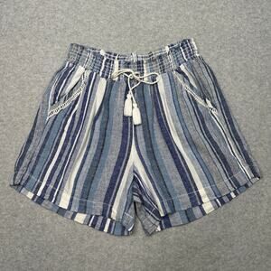 Briggs Linen Blend Short WMNS M Blue White Striped Pull On Elastic Waist Pocket
